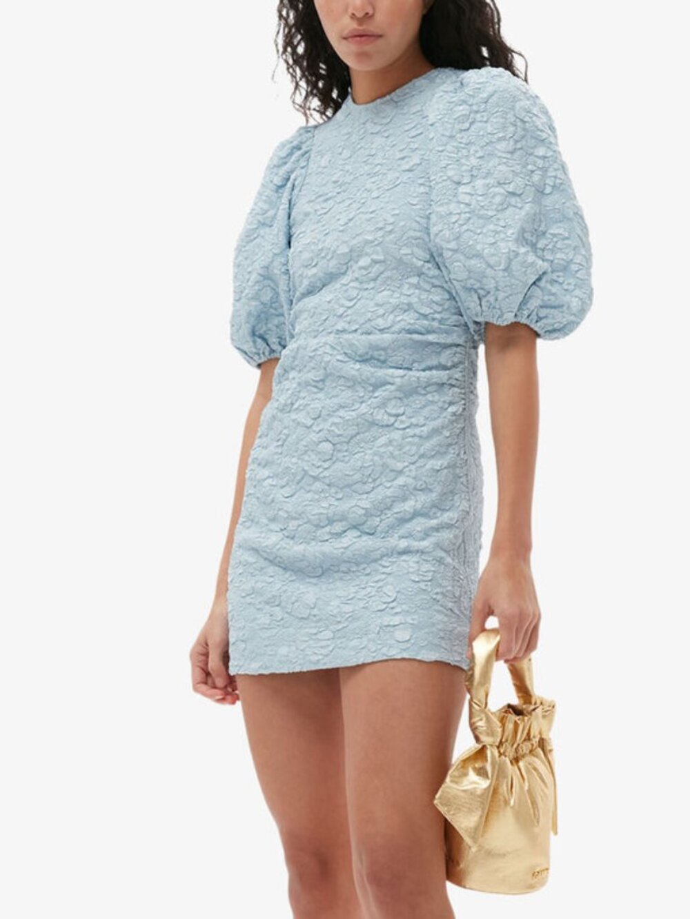 GANNI Blue Stretch Jacquard Puff Sleeve Mini Dress